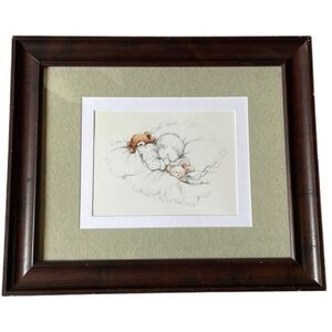 Vintage Maki “Baby & Bears” Pencil Art Print in Dark Wooden Frame  (20.5”x24.5”)